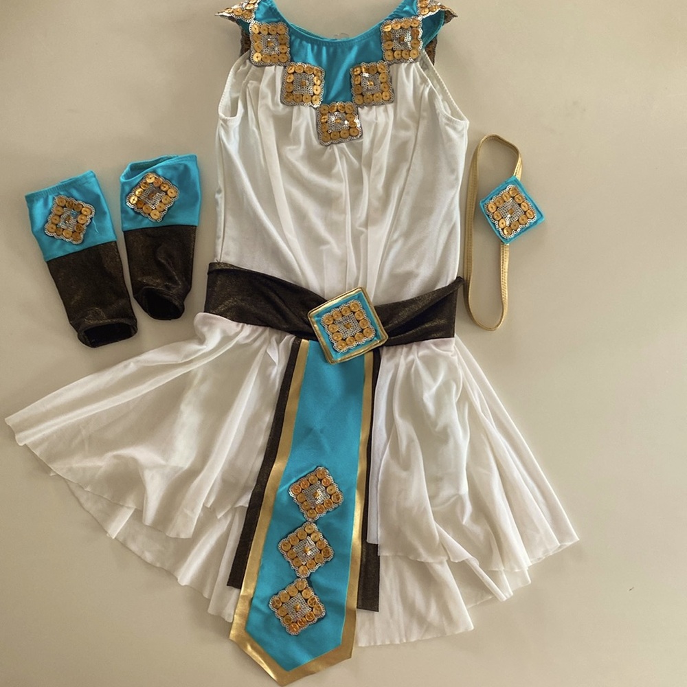 Girls Size 7-8 Sparkly Egyptian Dance Costume: Dress, Headband and 2 Arm Cuffs